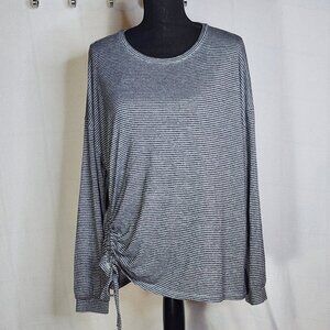Nine West Grey Black Stripe LS Rayon Poly Span Ruched Side Tie Pull On Top Sz L